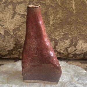 Unique off center Red Ceramic Vase Art studio signed